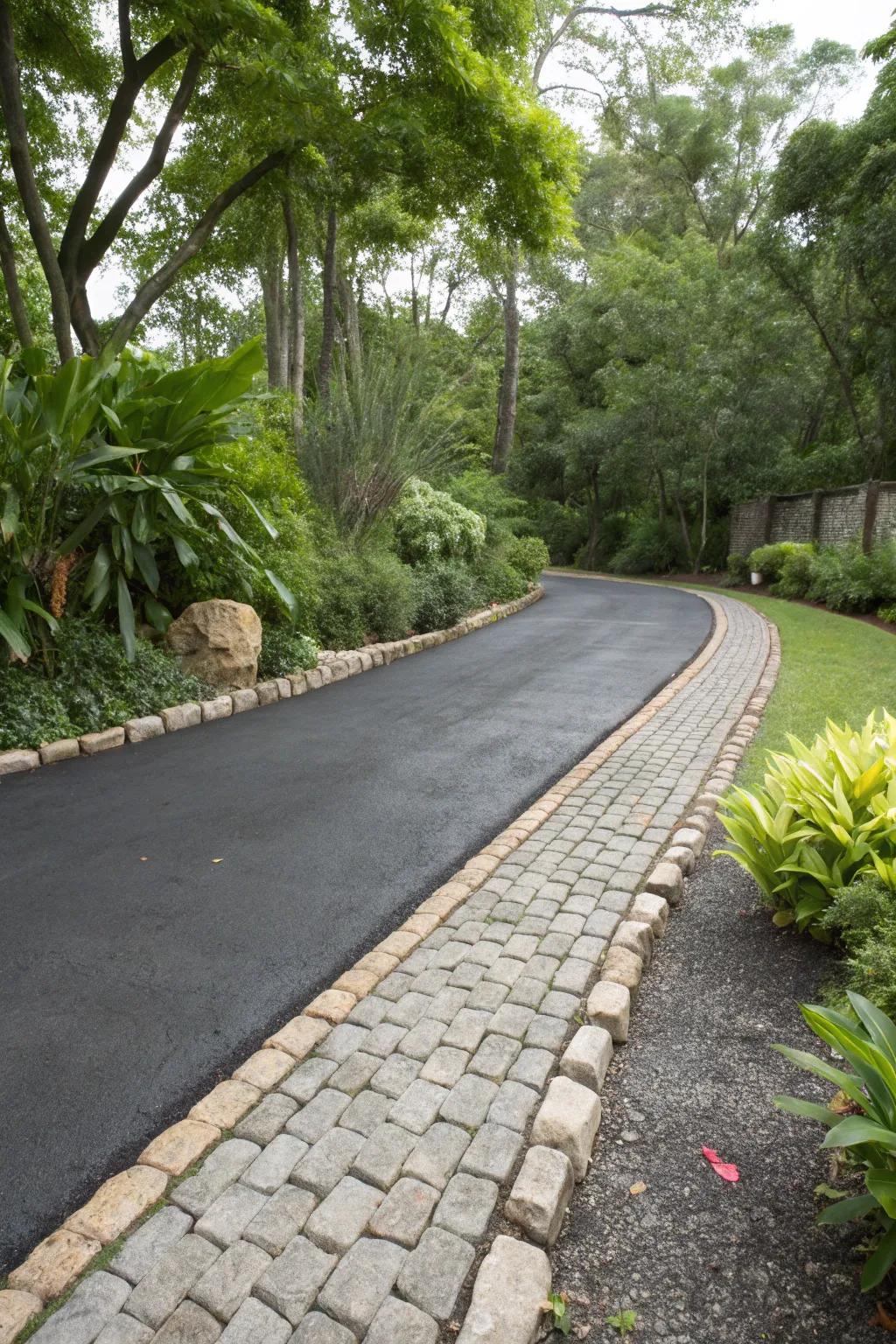 Cobblestone pavers lend a rustic charm to this cozy driveway.