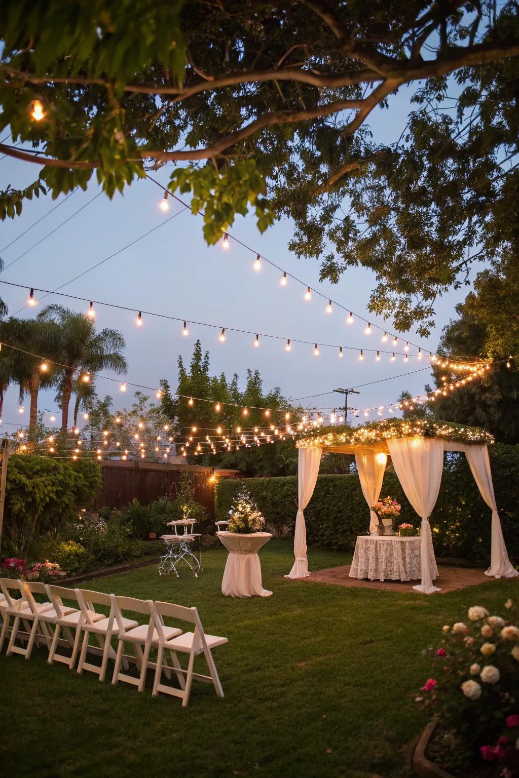String lights create a magical atmosphere for an evening wedding.