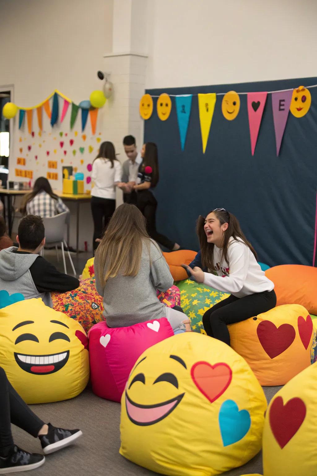 Emoji-themed decorations spark smiles and excitement at the bash.