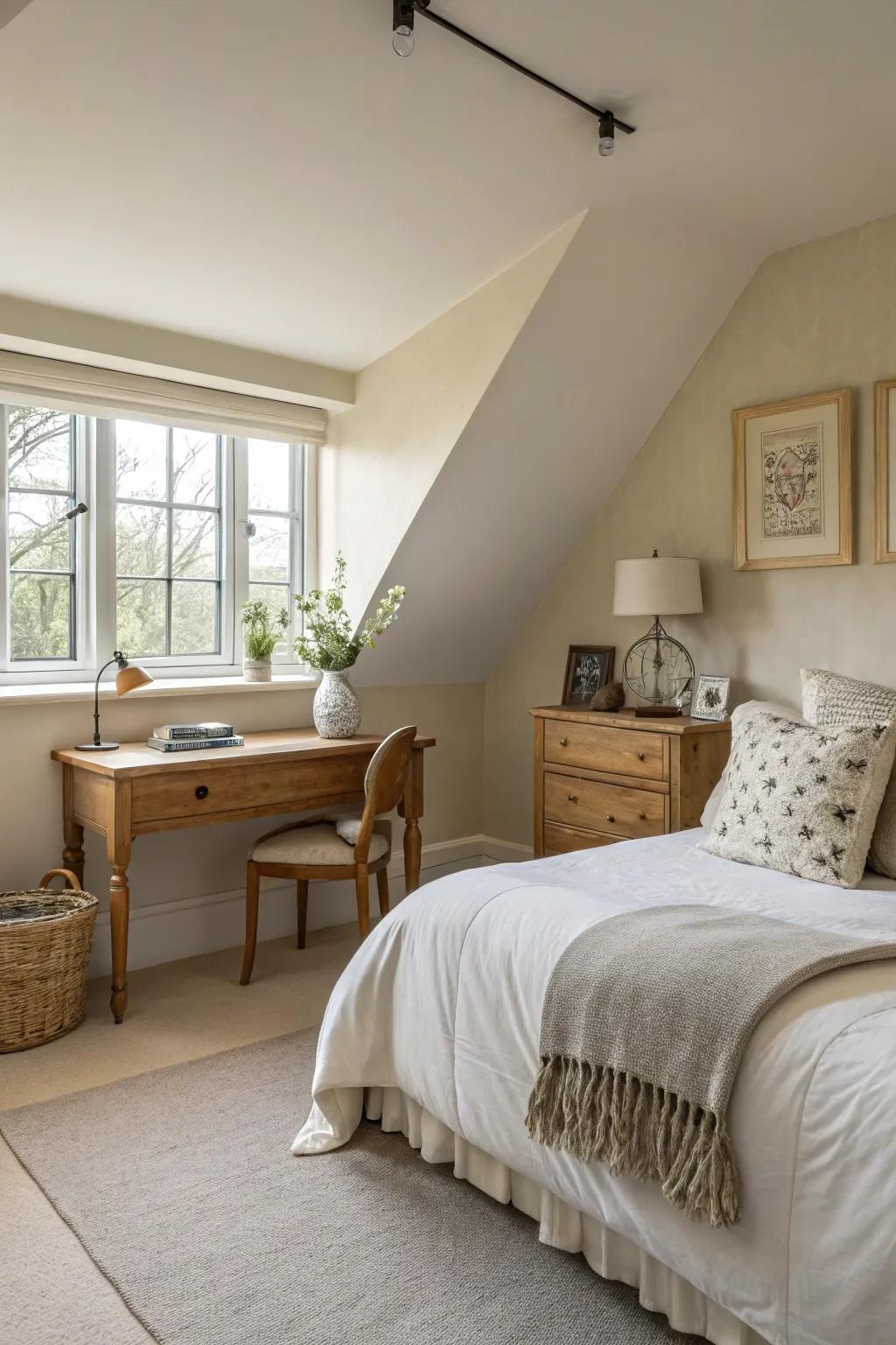 A gentle color scheme introduces tranquility and spaciousness to your attic area.