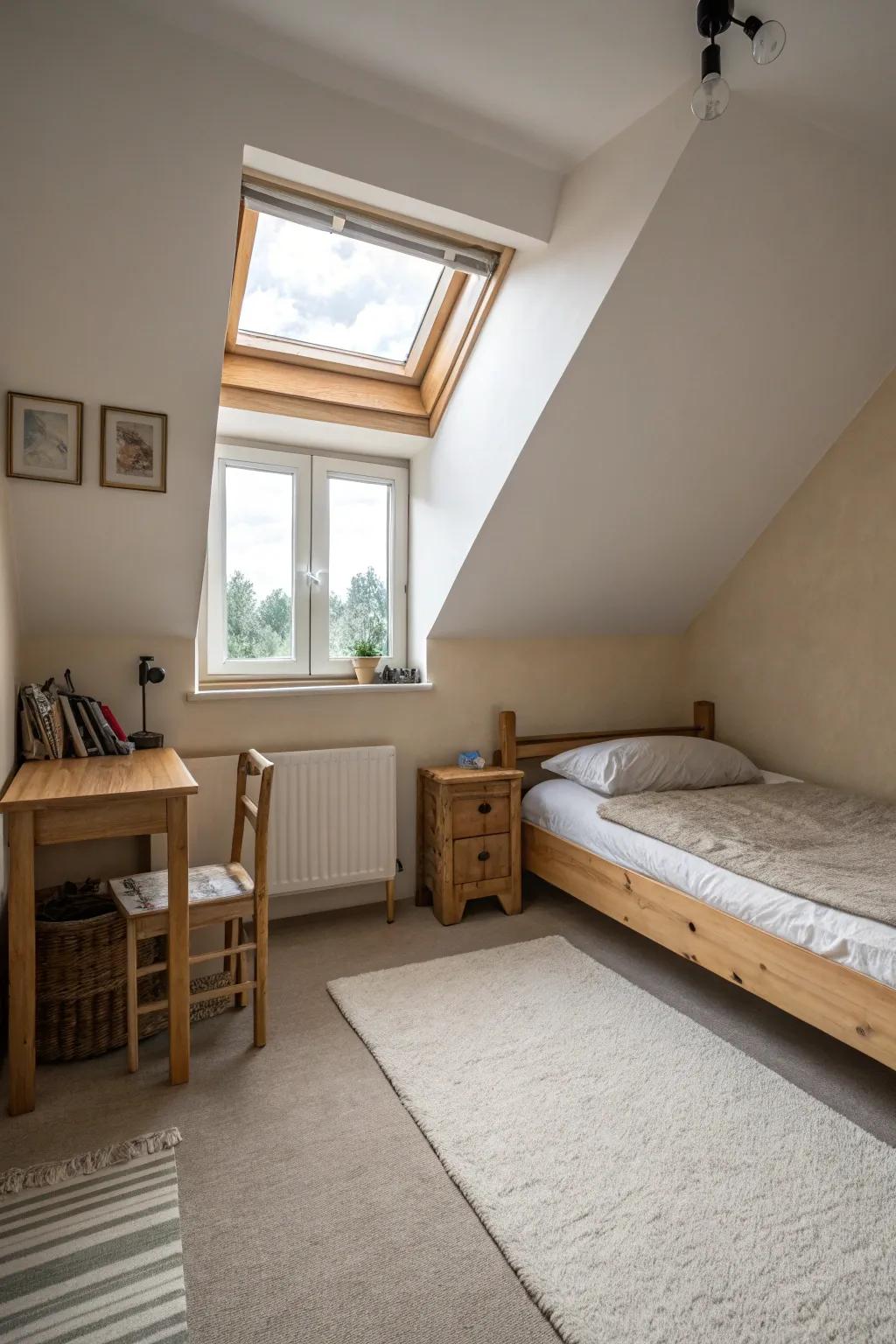 Simplicity is key in a minimalist attic bedroom.