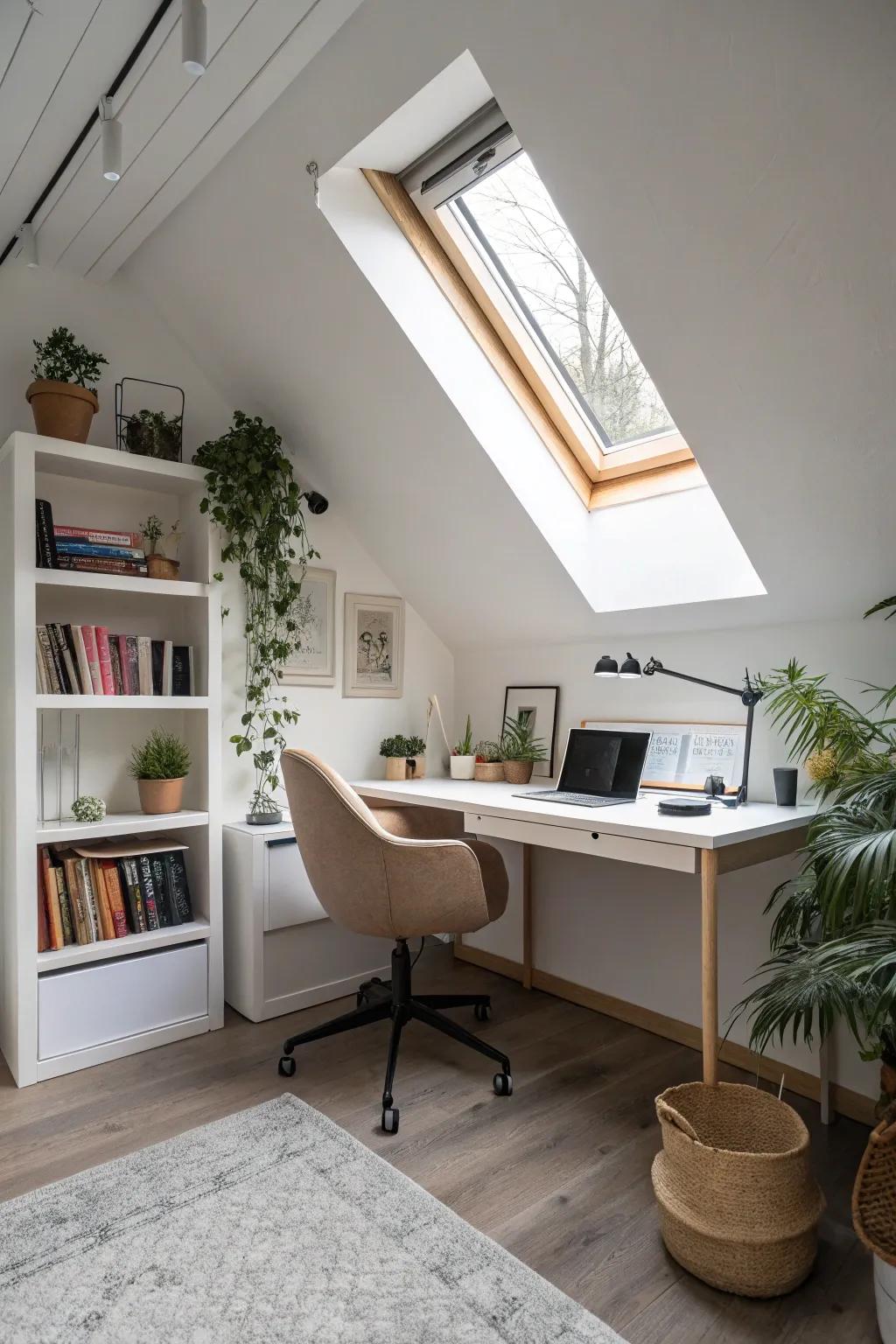 Elevate your productivity within a tranquil attic workspace.