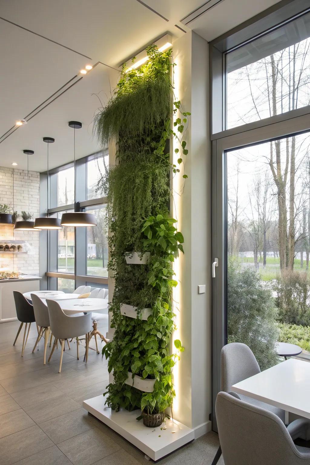 A wall-mounted plant display enhanced with soft glow plant lights.