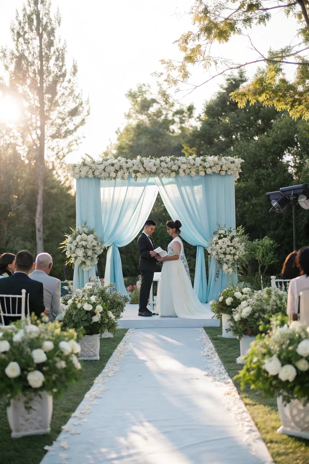 A gentle sky backdrop fashions a sentimental setting for your promises.