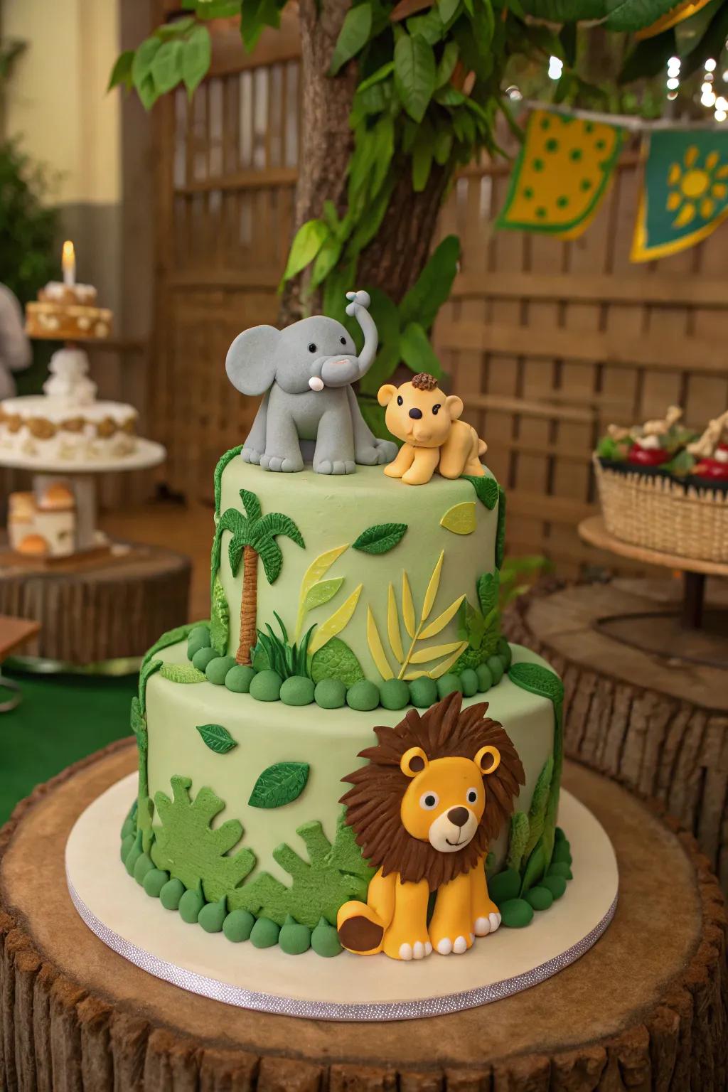 A wilderness journey cake with playful animal decorations.