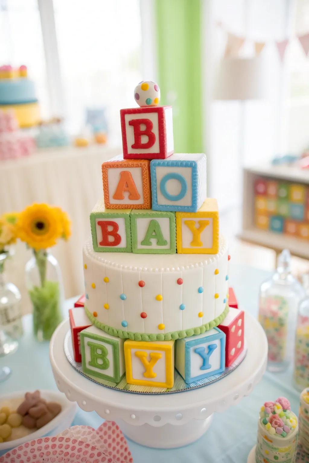 A playful cake featuring building blocks for a baby boy shower.