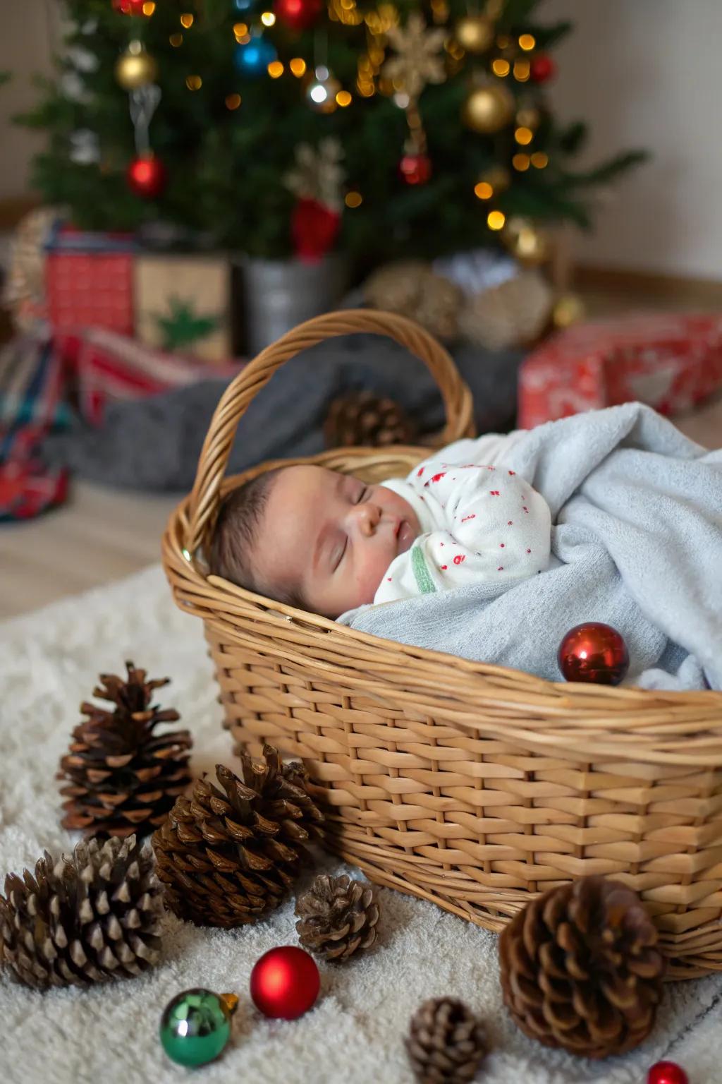 A cozy basket scene ideal for a celebratory infant photo shoot.