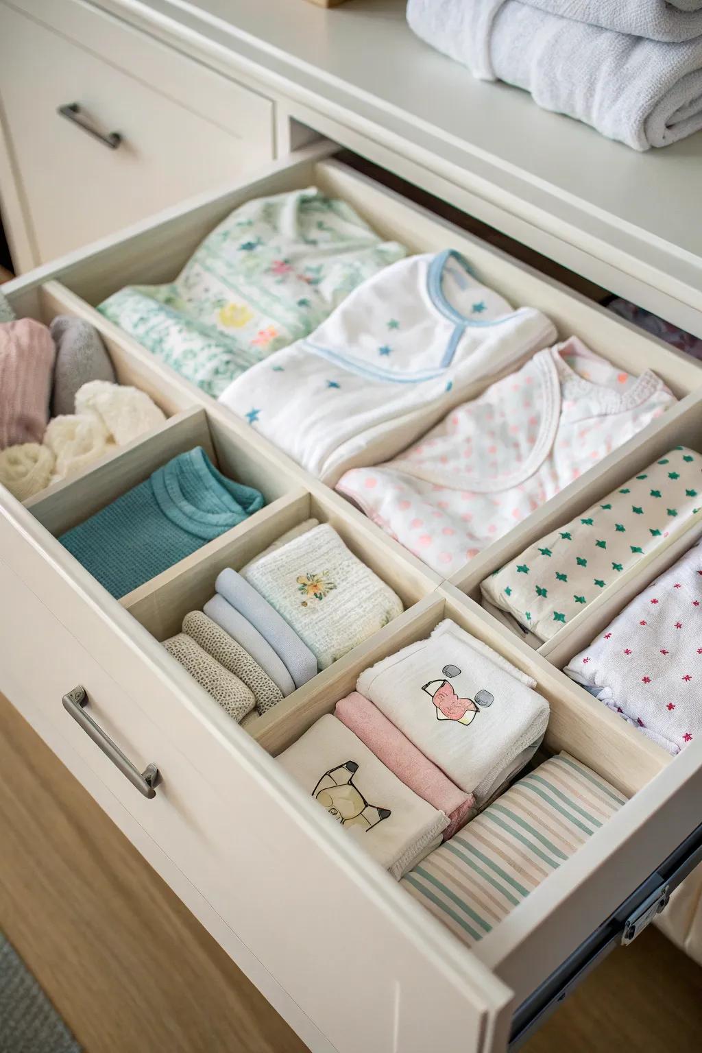 Drawer organizers keep baby clothes tidy and accessible.
