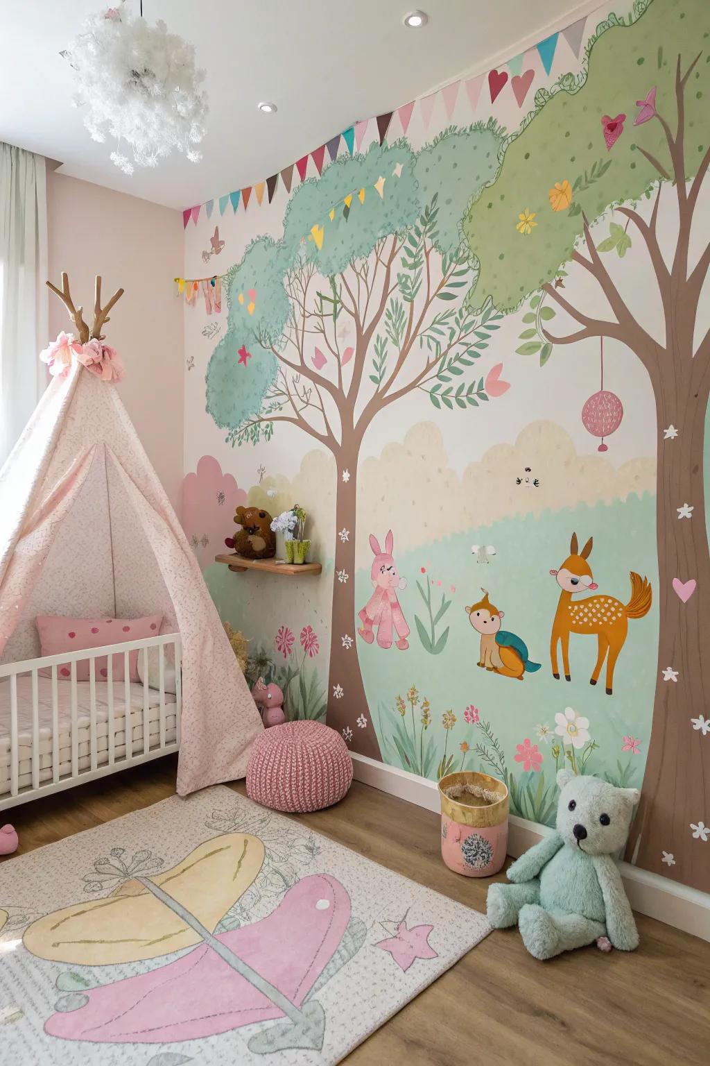 An imaginative wall scene animates the space with tales and creativity.