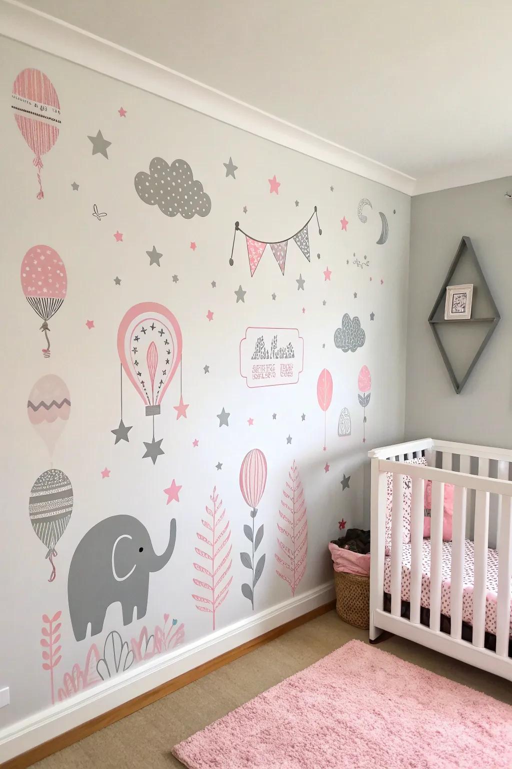 Playful wall decals bring charm to this nursery.