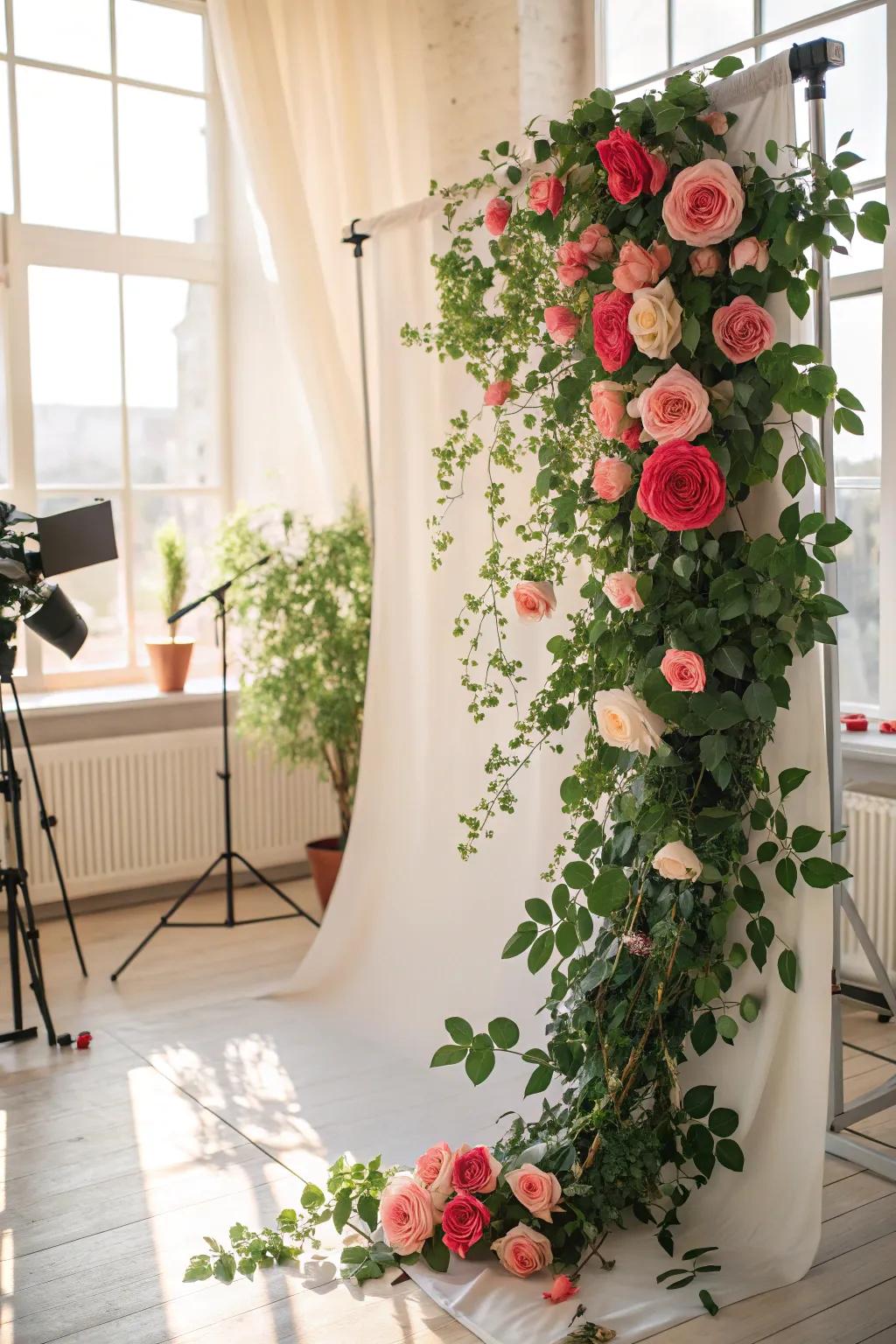 A floral dreamscape backdrop showcasing fresh roses and greenery.