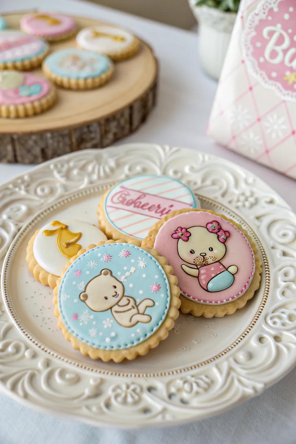 Custom sweets with elaborate baby-themed designs.