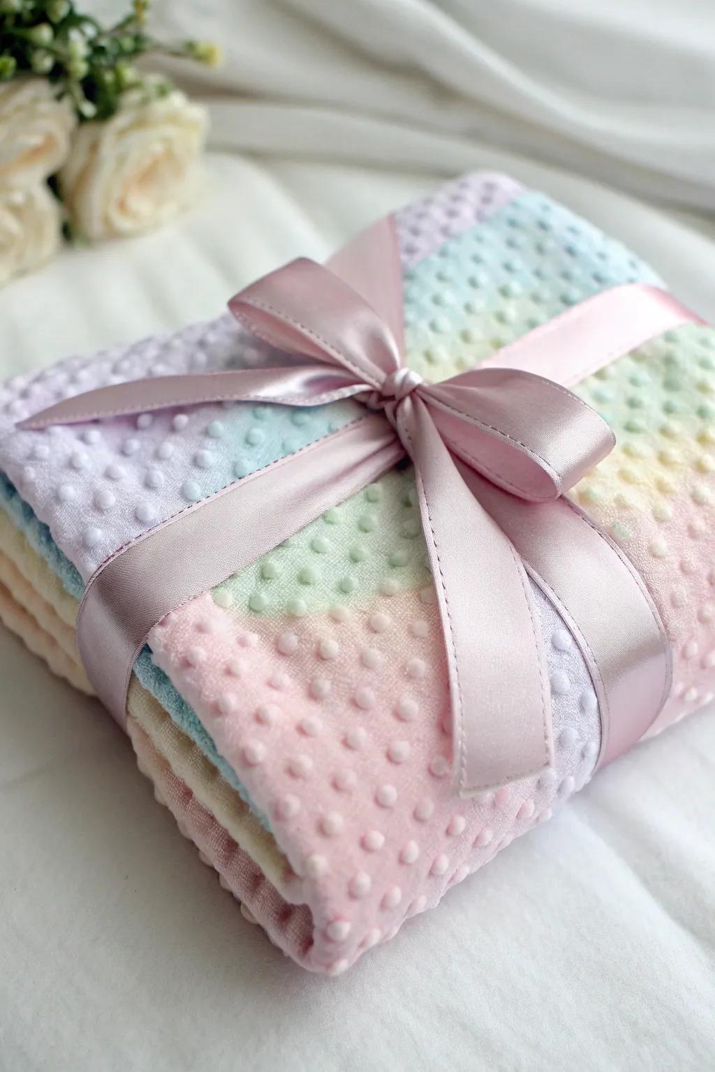 A soft baby blanket used as a stylish gift wrap, perfect for a baby shower.