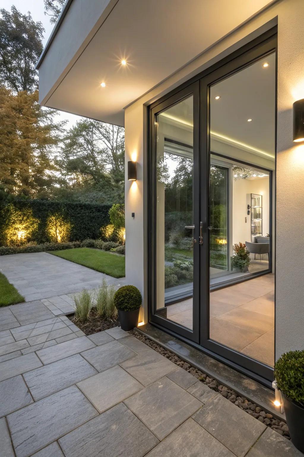 Streamlined inset illumination enriches a contemporary back entrance design.