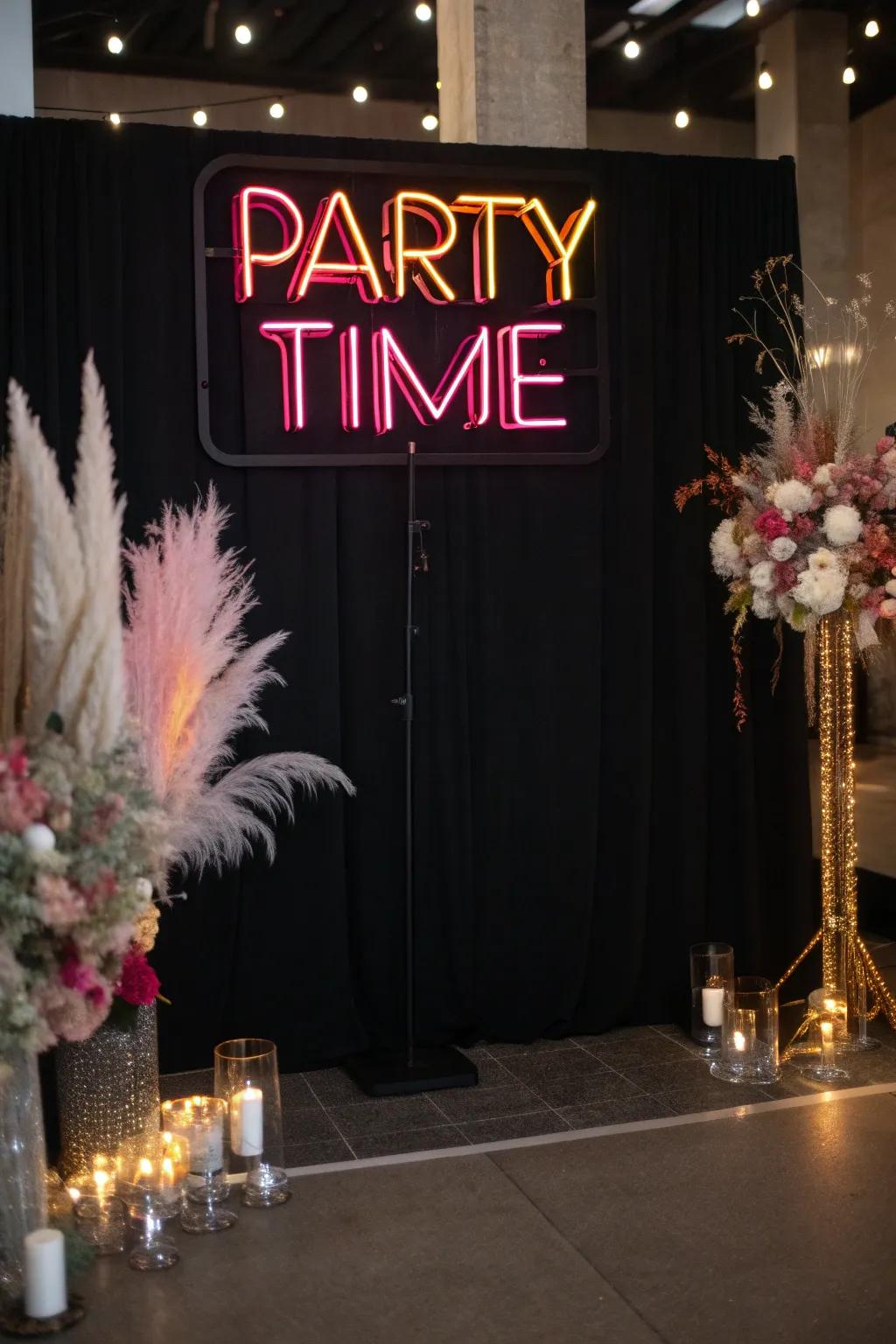 Illuminate your event with a captivating neon sign backdrop.