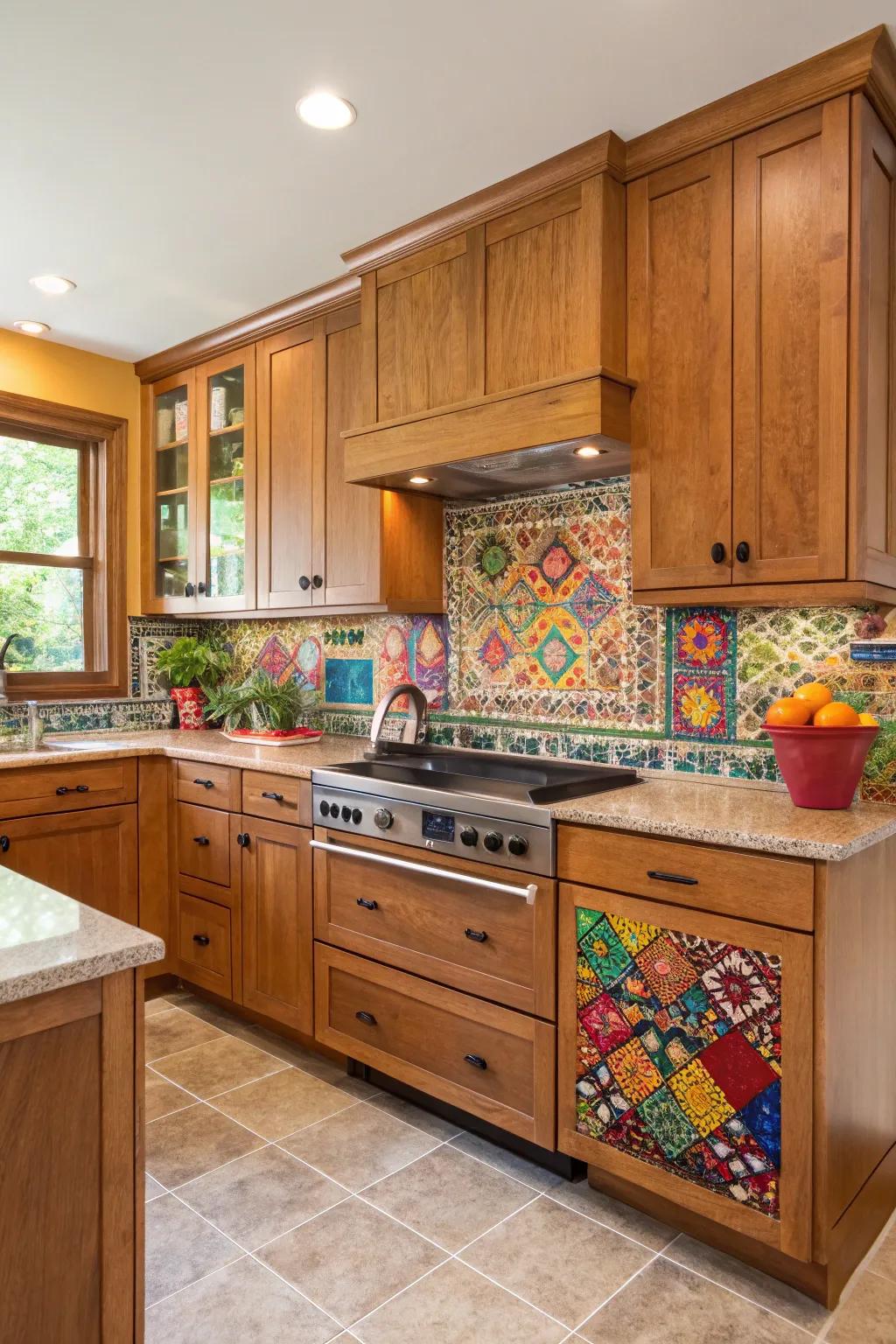 A striking mosaic design injects a colorful splash to maple cabinets.