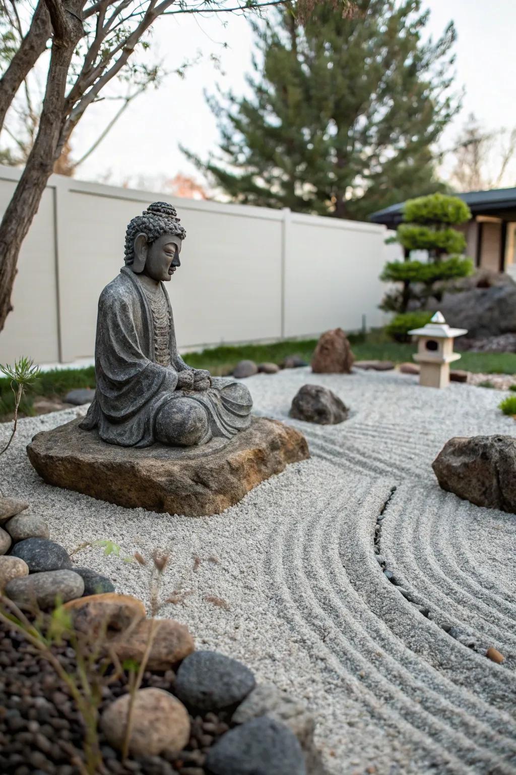 A Zen rock garden offers tranquility with minimal upkeep.