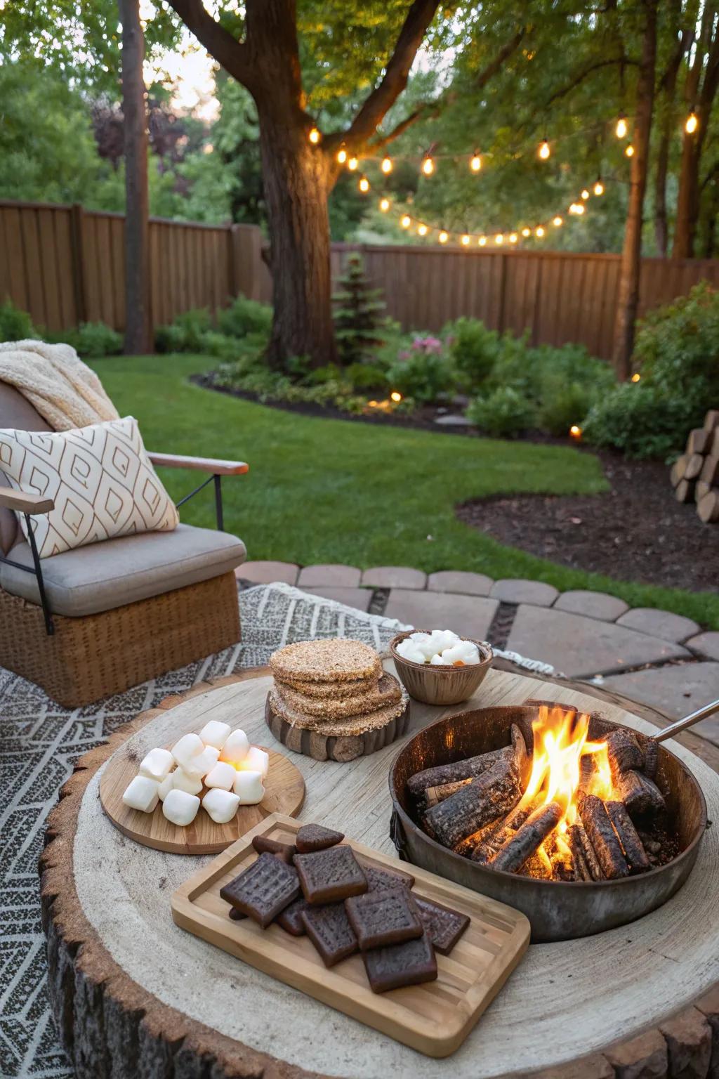A fire pit is the centerpiece of your backyard camping arrangement.