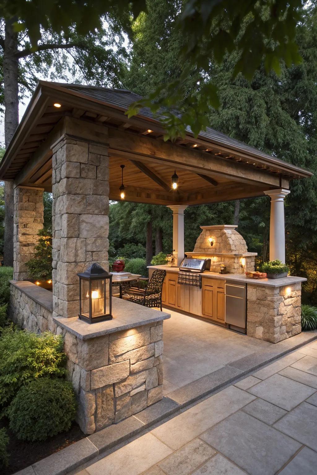 A stone overhang guarantees resilience and ageless style for your outdoor culinary space.