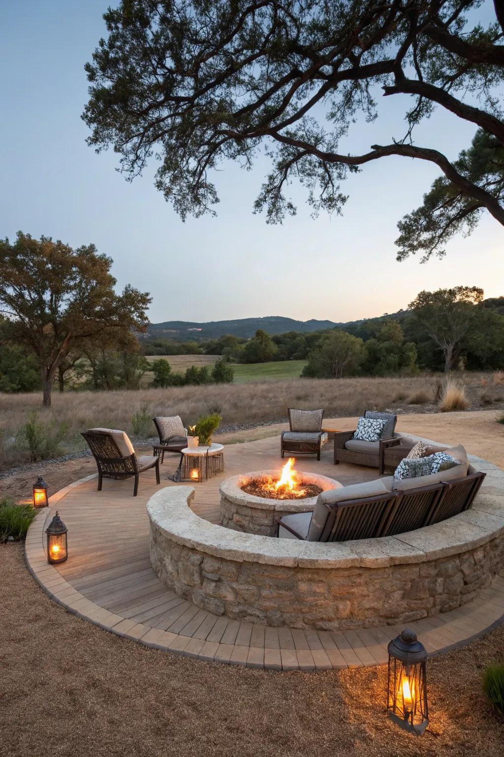 An engaging outdoor hearth setting on finely crushed rock, ideal for gatherings.