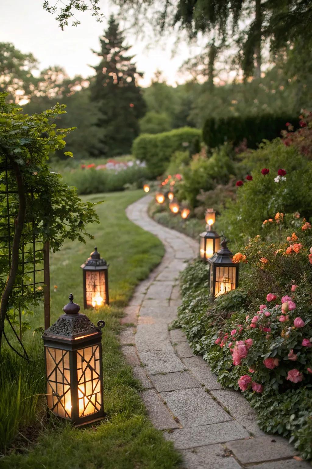 Lanterns light up a garden trail, mixing charm with utility.