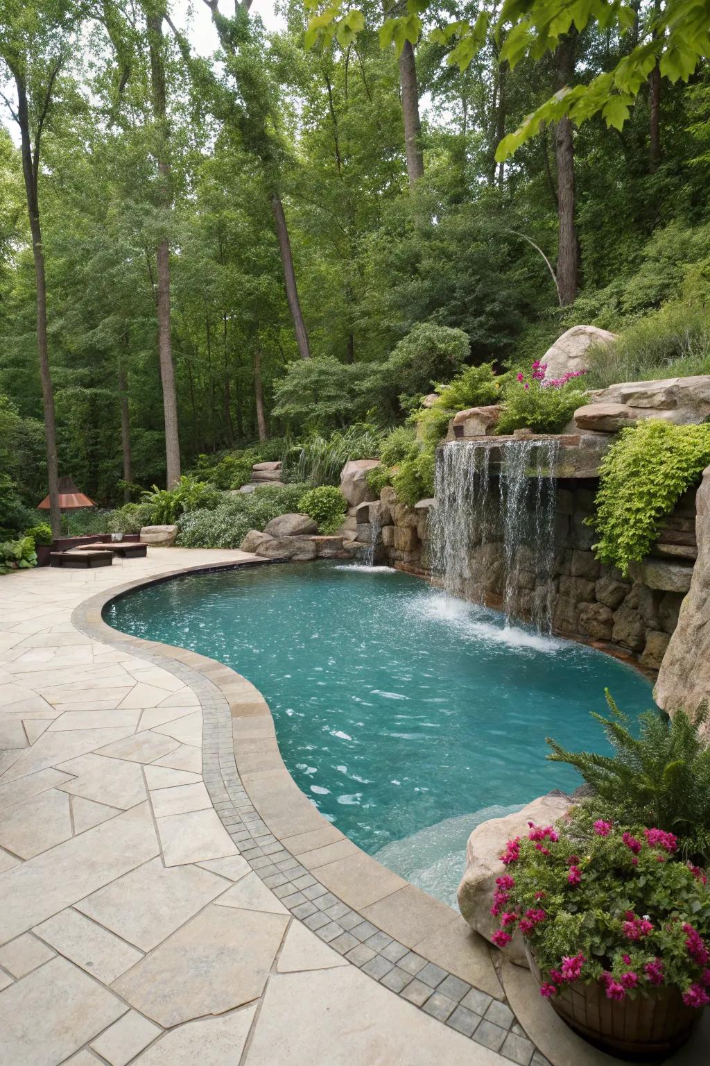 A fountain brings both allure and calmness to the pool setting.