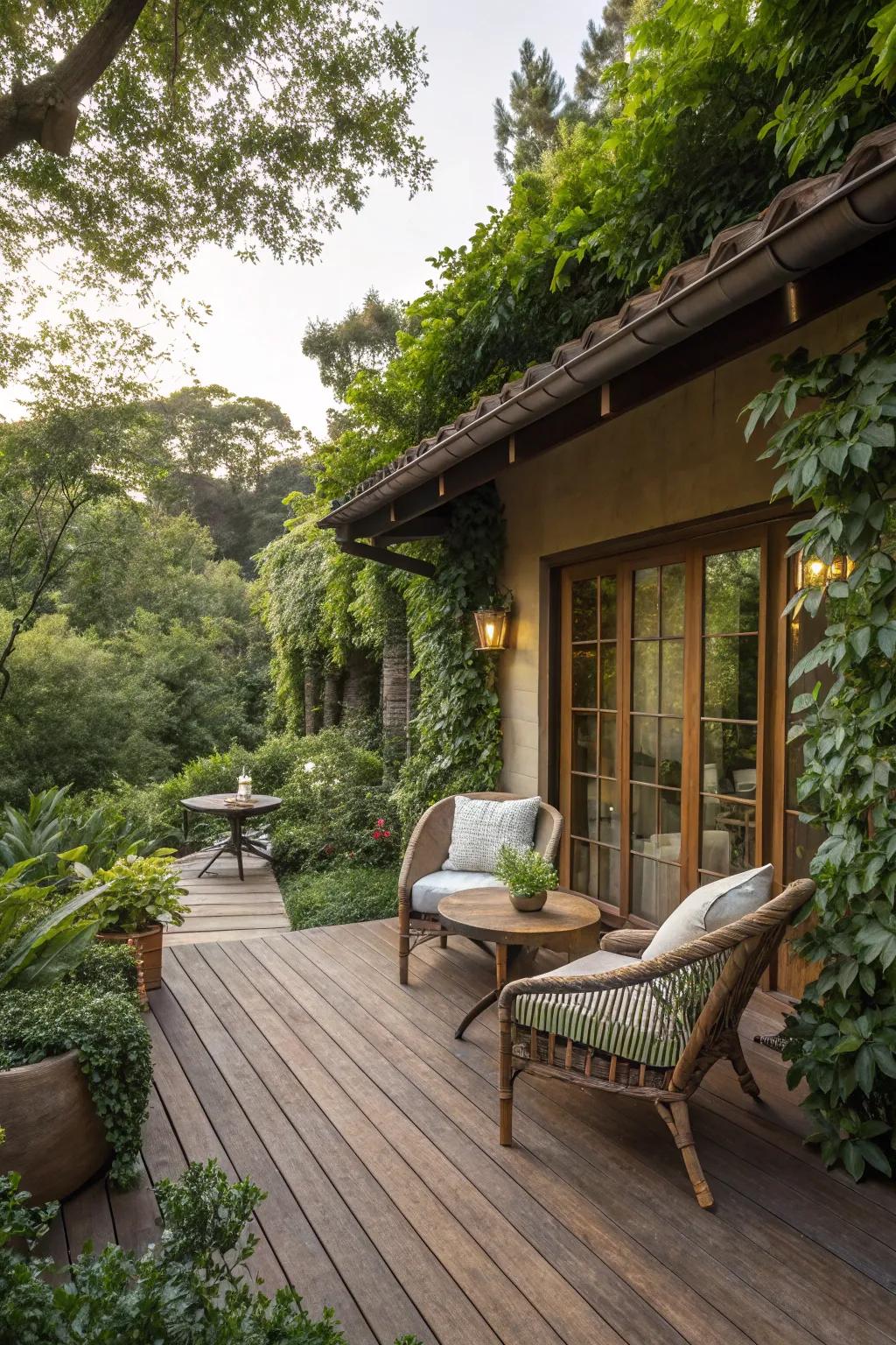 Innate wood surfacing adds warmth and coziness to outdoor environments.