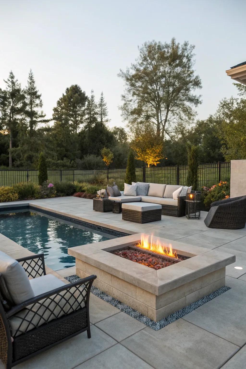 Warm up your evenings with a sophisticated poolside fire pit.