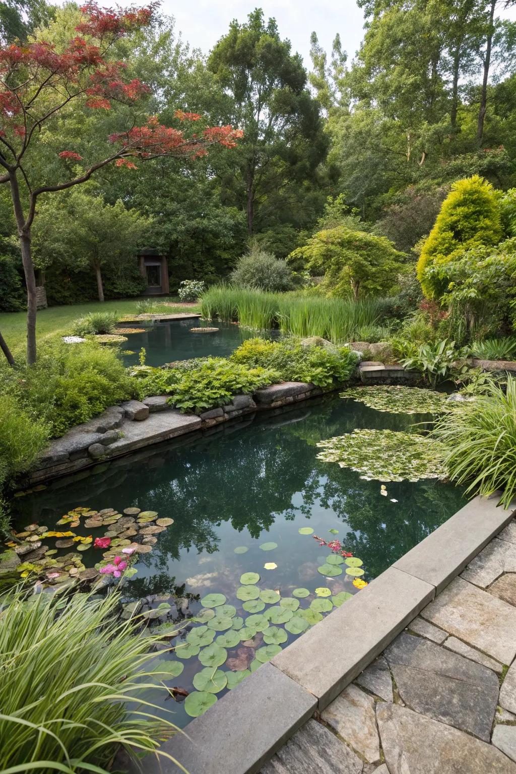 A peaceful, natural pool featuring a drifting plant bed for eco-conscious care.