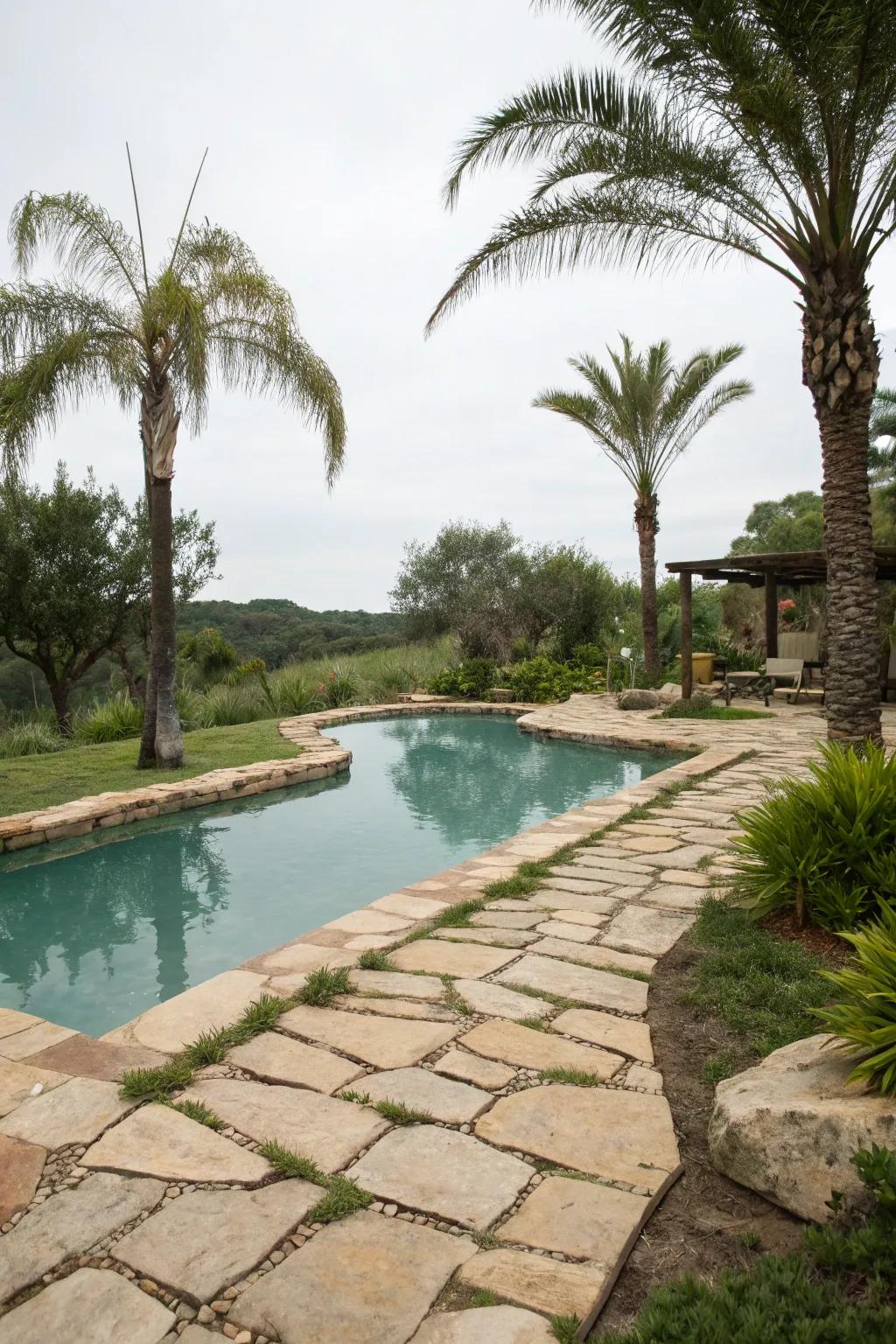 Pathways made of natural stone harmonize beautifully with the tropical backdrop.