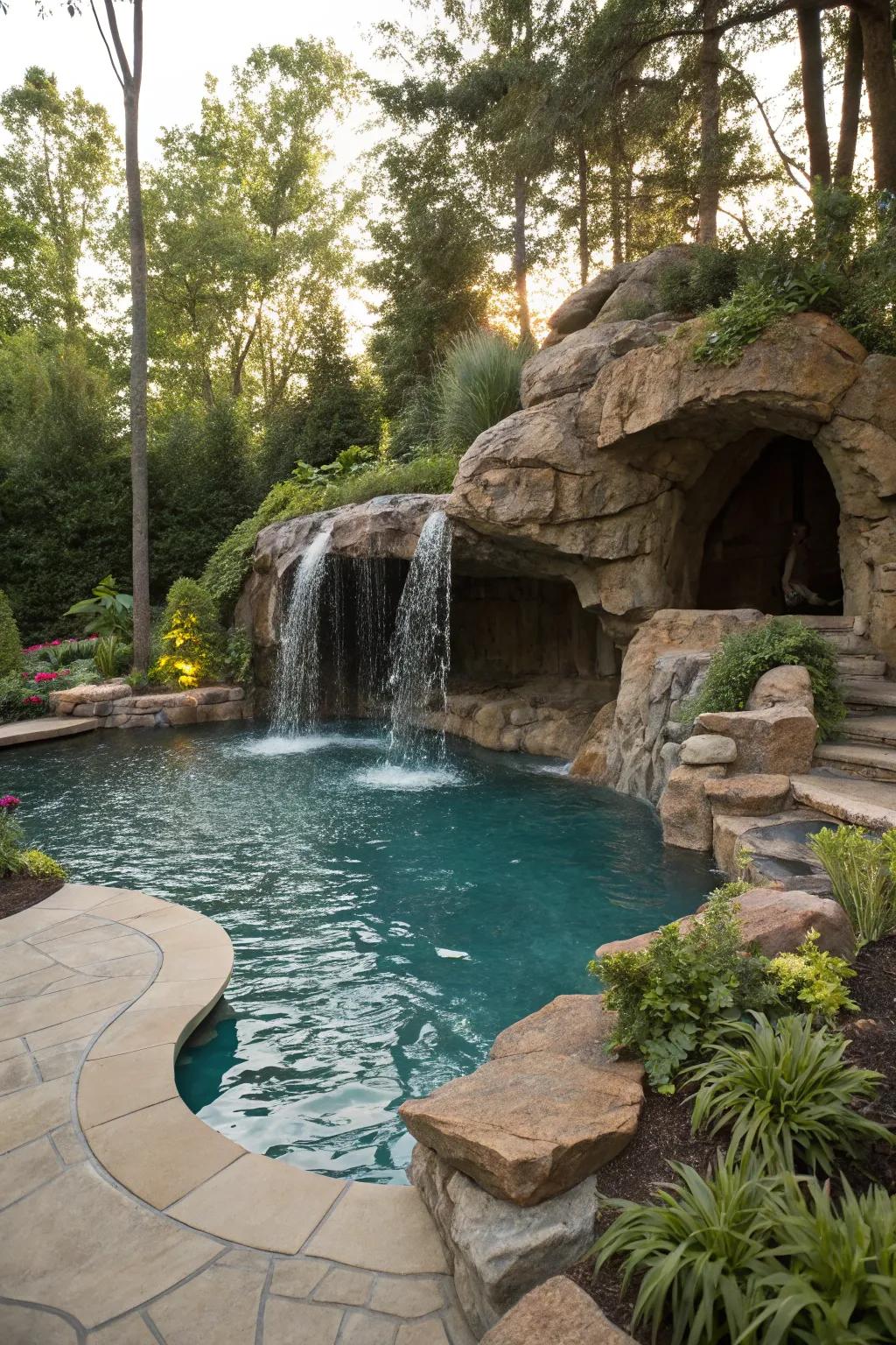 An enchanting niche cascade infuses joyful discovery into your poolside.