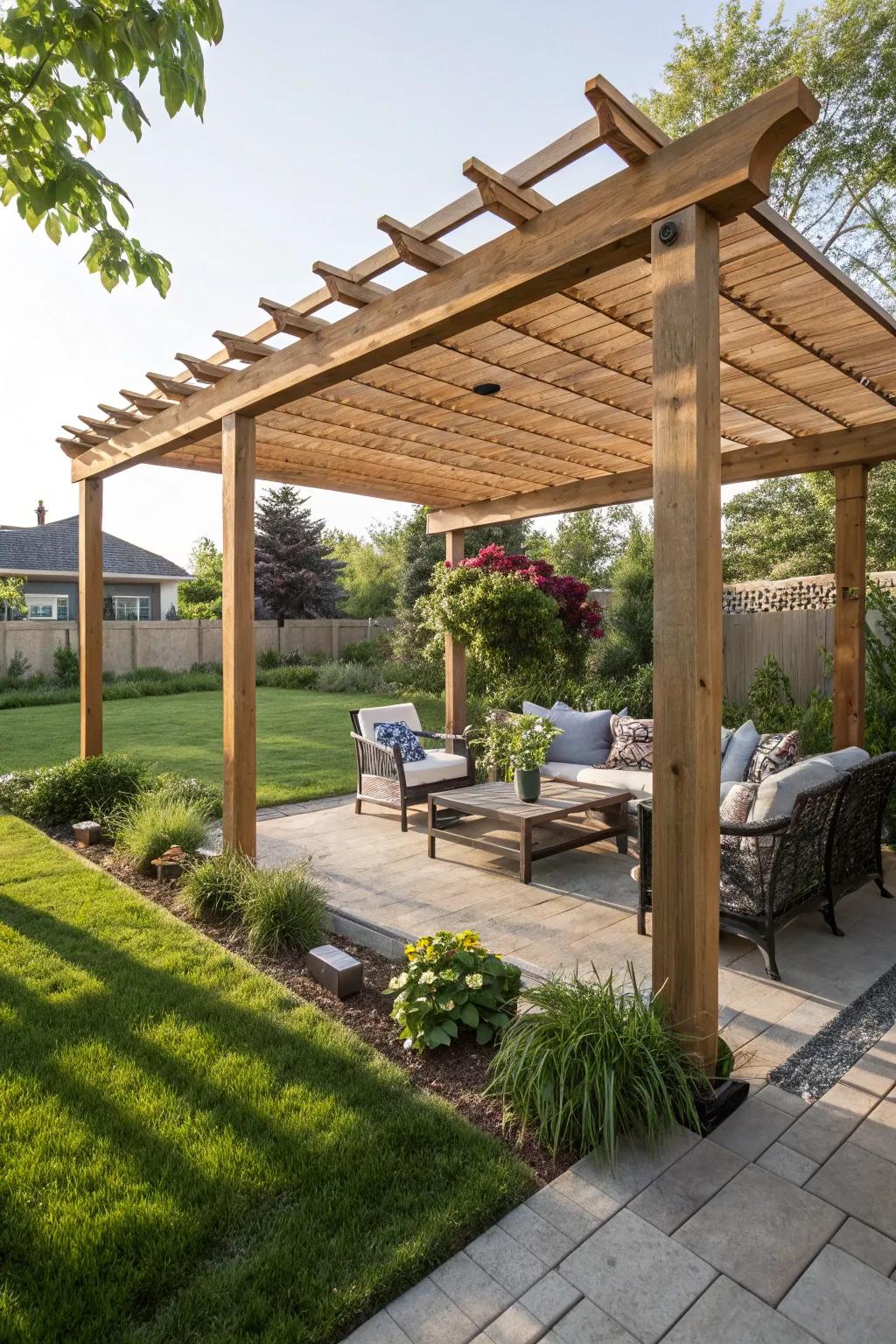 Lounge in style beneath shaded structures that provide shelter and sophistication.