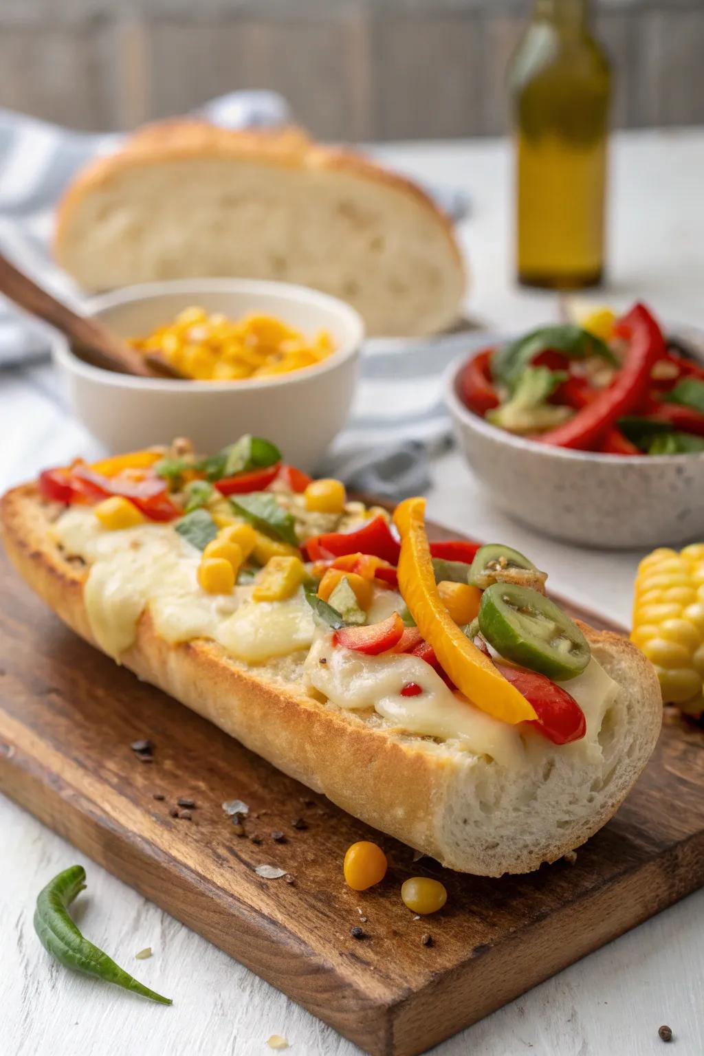 Melted melted cheese on a baguette, embellished with dynamic vegetables.