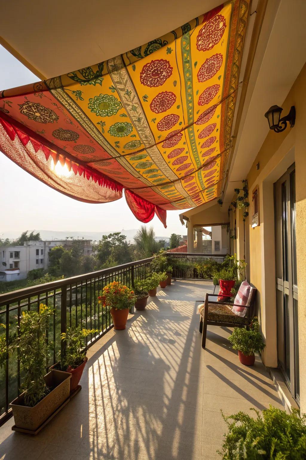 A balcony brightened by a vivid fabric canopy providing abundant shade.