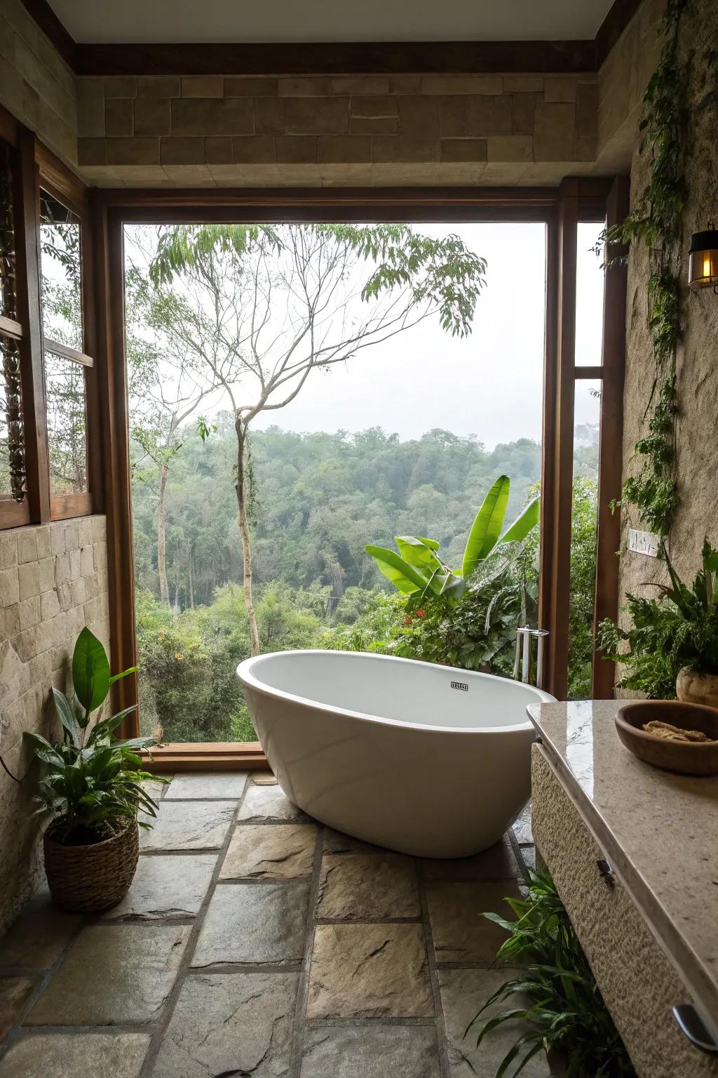 A standalone tub thoughtfully positioned to take advantage of surrounding natural scenery.