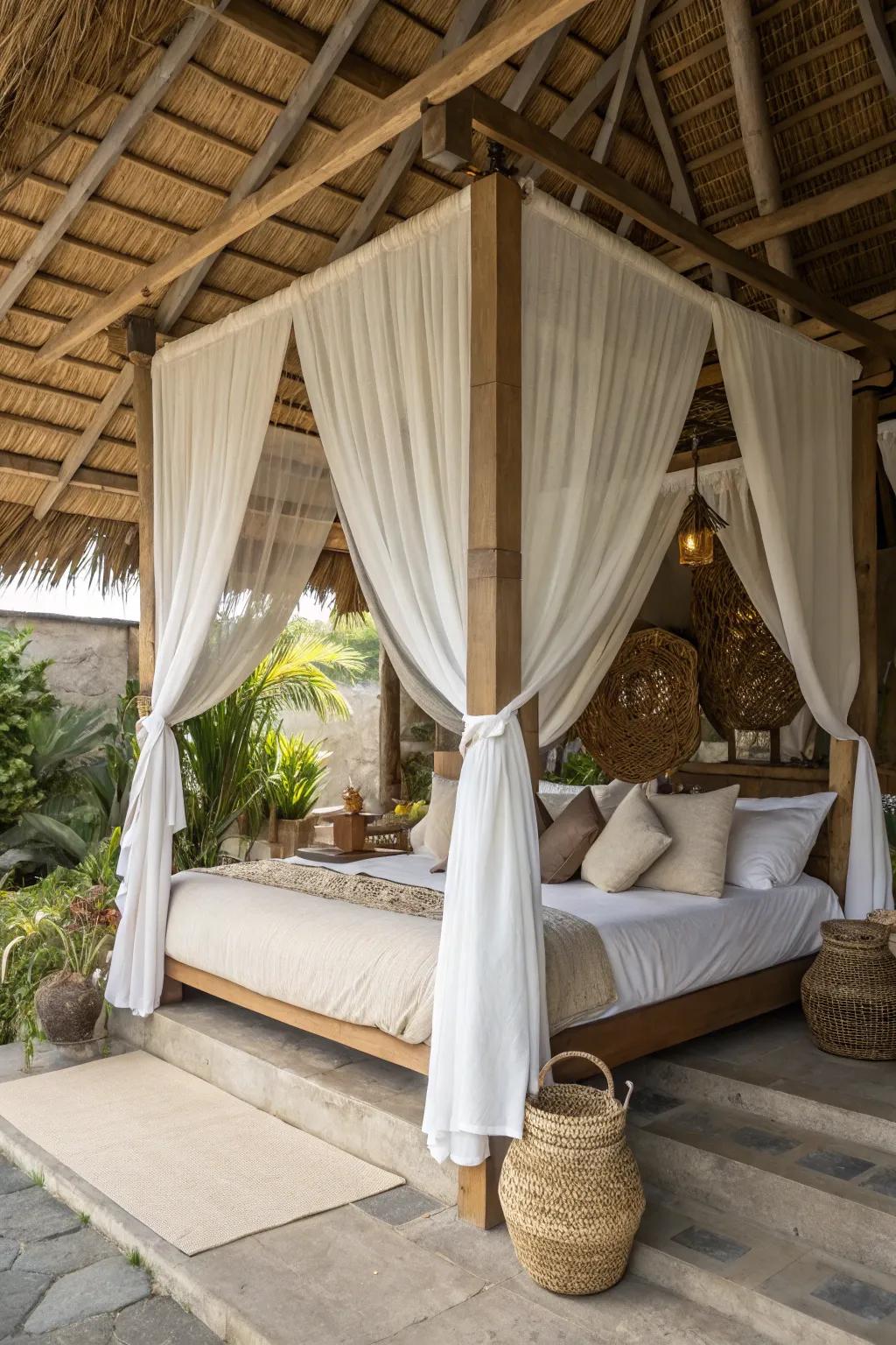 Draped beds give a lavish, intimate sensation.