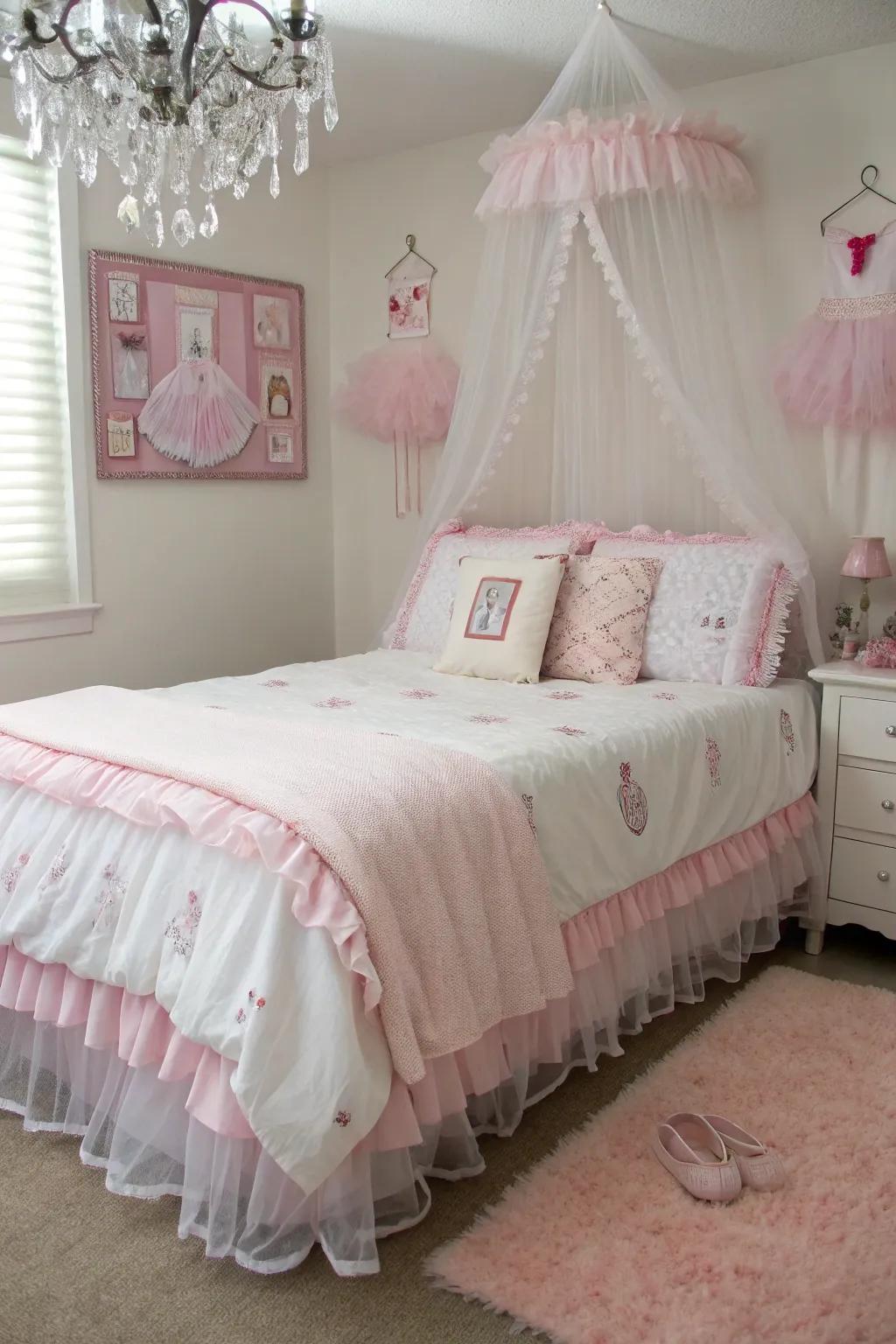 Frilled bedding incorporates a dress-like charm to the bed.