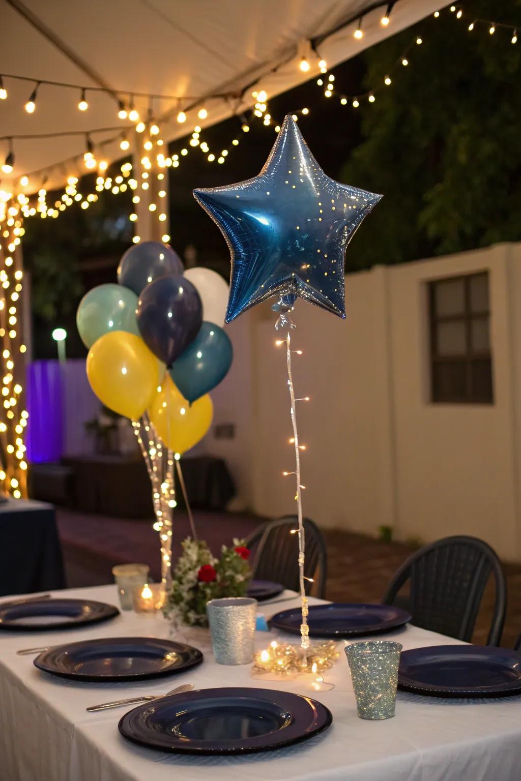 A starry night-themed balloon centerpiece commands attention.