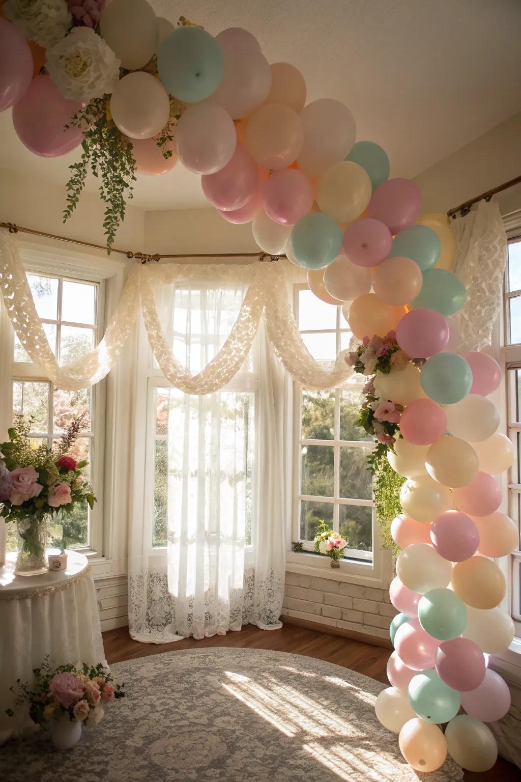 Pastel balloon garland creating a dreamy setting.