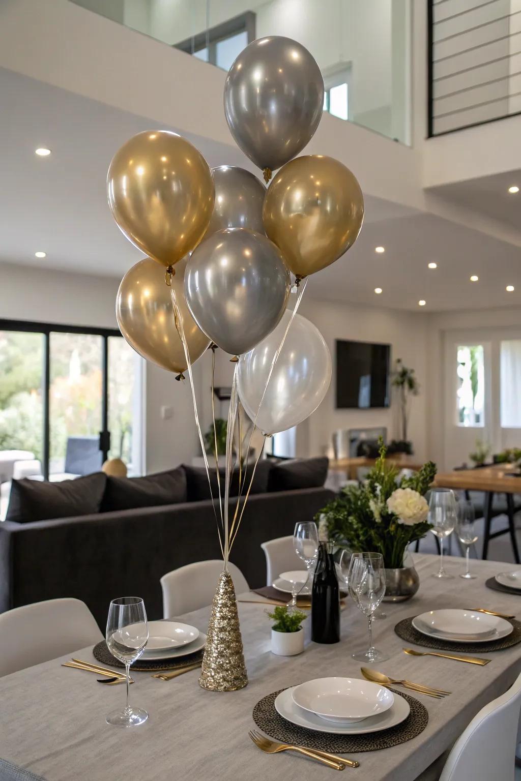 Refined metallic balloon centerpieces casting an elegant shimmer over a dinner party