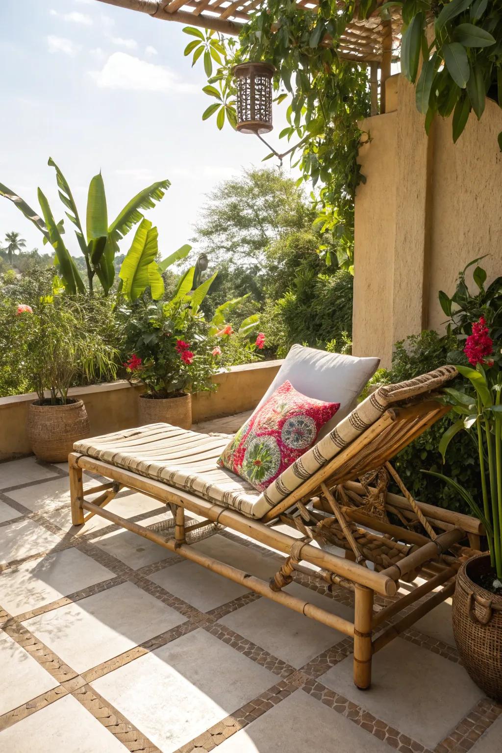 Bamboo lounger on a sunny patio