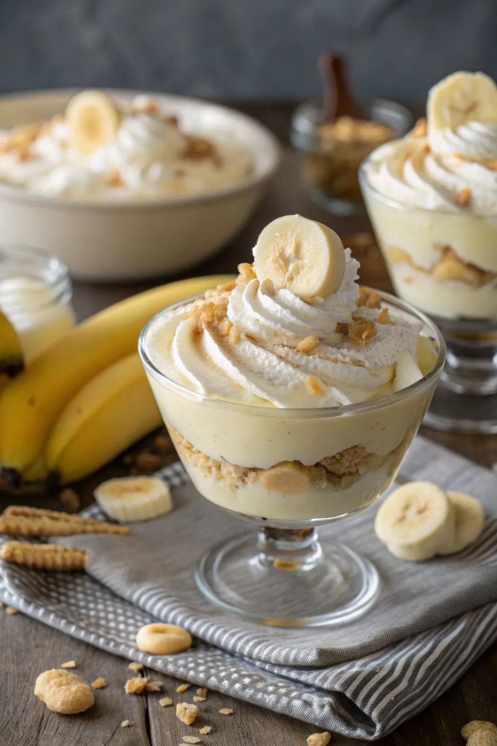 Whipped cream swirls bring a touch of elegance to your banana pudding.