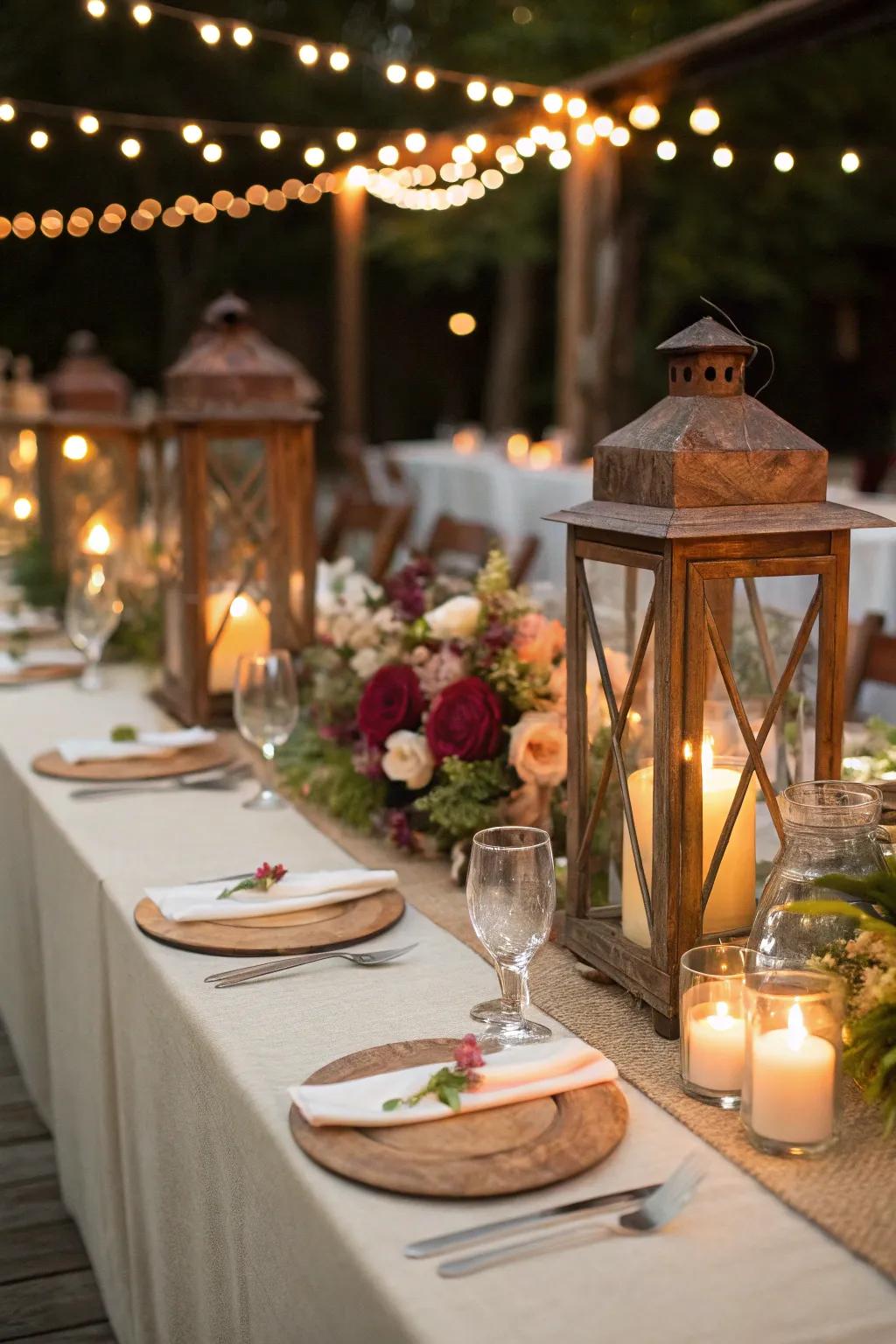 Rustic lanterns projecting a captivating light across the table.