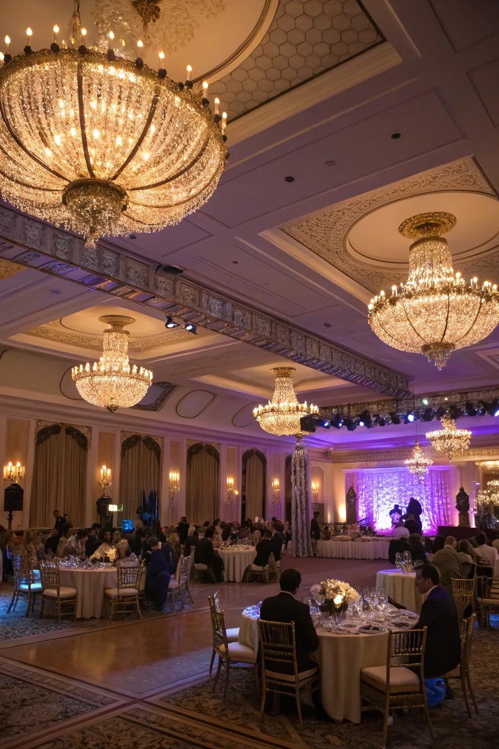 Chandeliers paired with ambient lighting crafting the ideal setting.