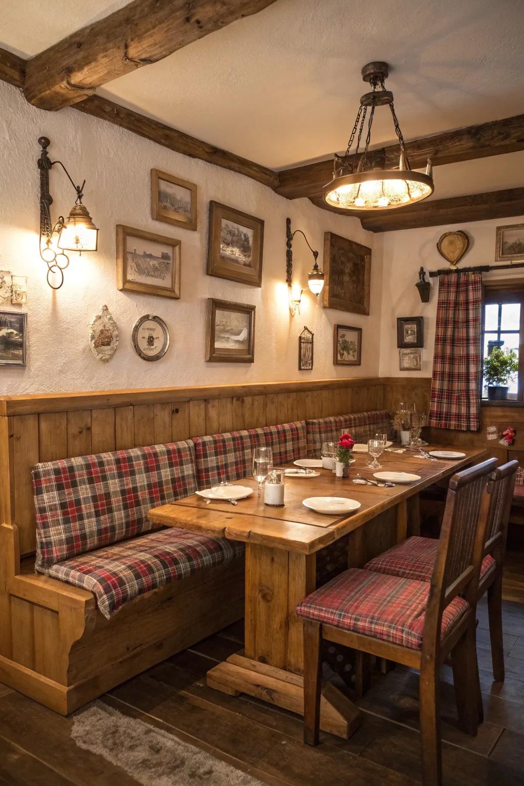 A rustic dining room showcases timber banquette seating for a cozy vibe.