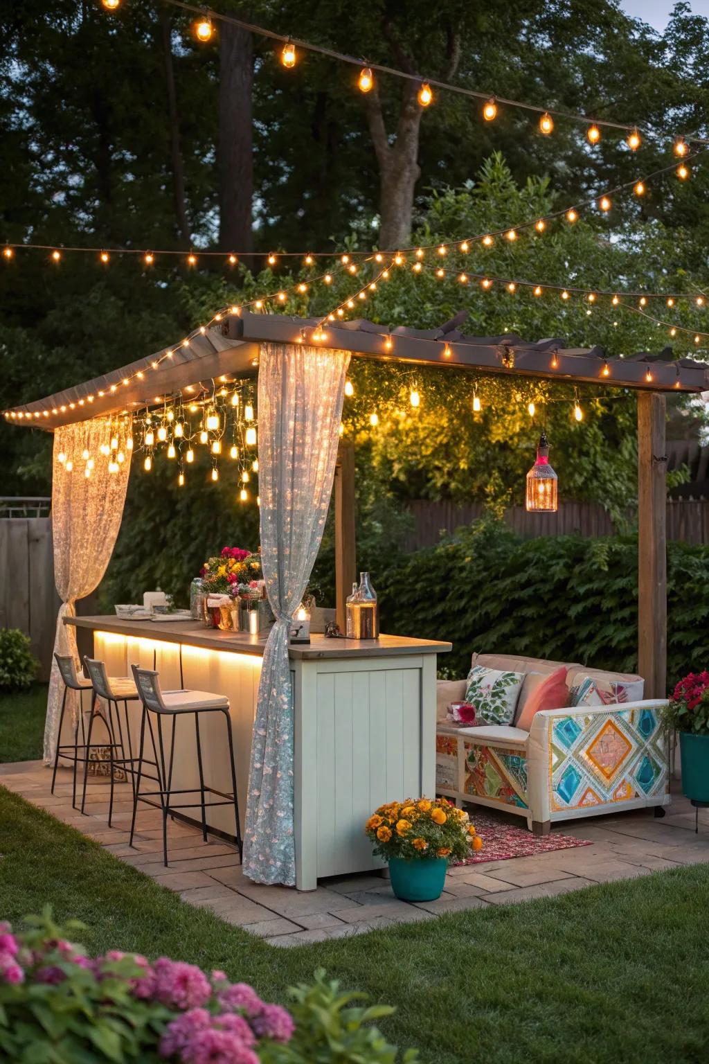 Fairy lights create an enchanting setting in an outdoor bar area.