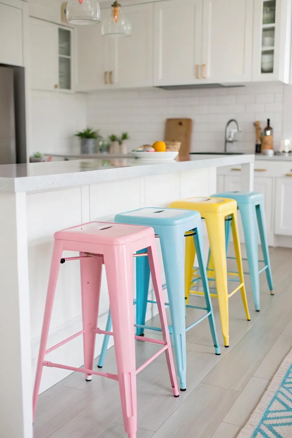 Colorful bar stools bringing vibrancy to the room.