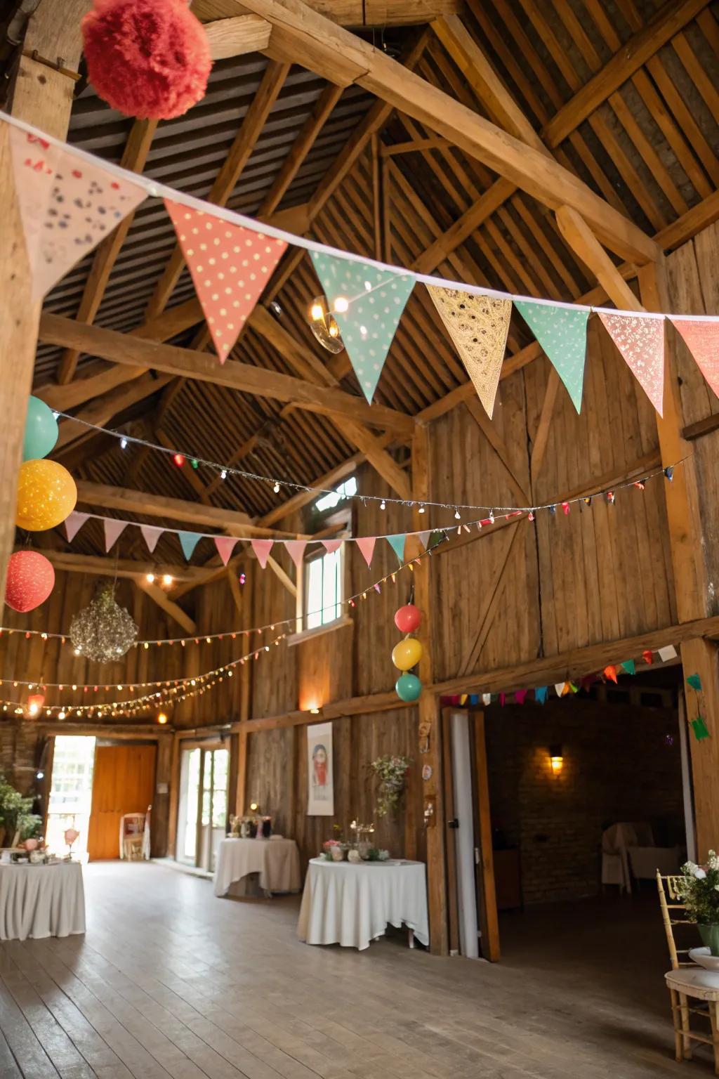 Pennant banners inject a lively and festive mood into the barn.