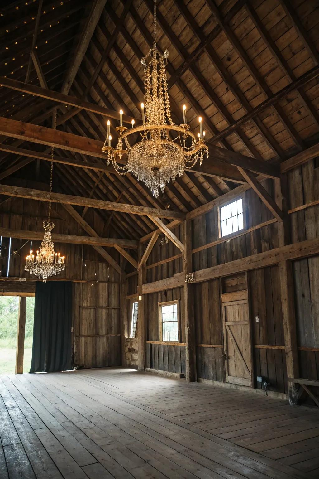 Chandeliers inject grace into country barn environments.