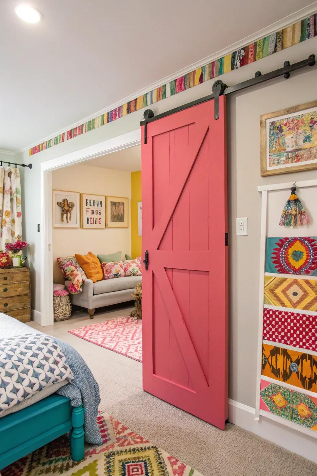 A vibrant barn door adds a pop of color to this eclectic bedroom.